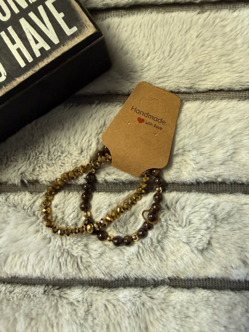 Handmade Brown and Gold Beaded Stretch Bracelet Duo